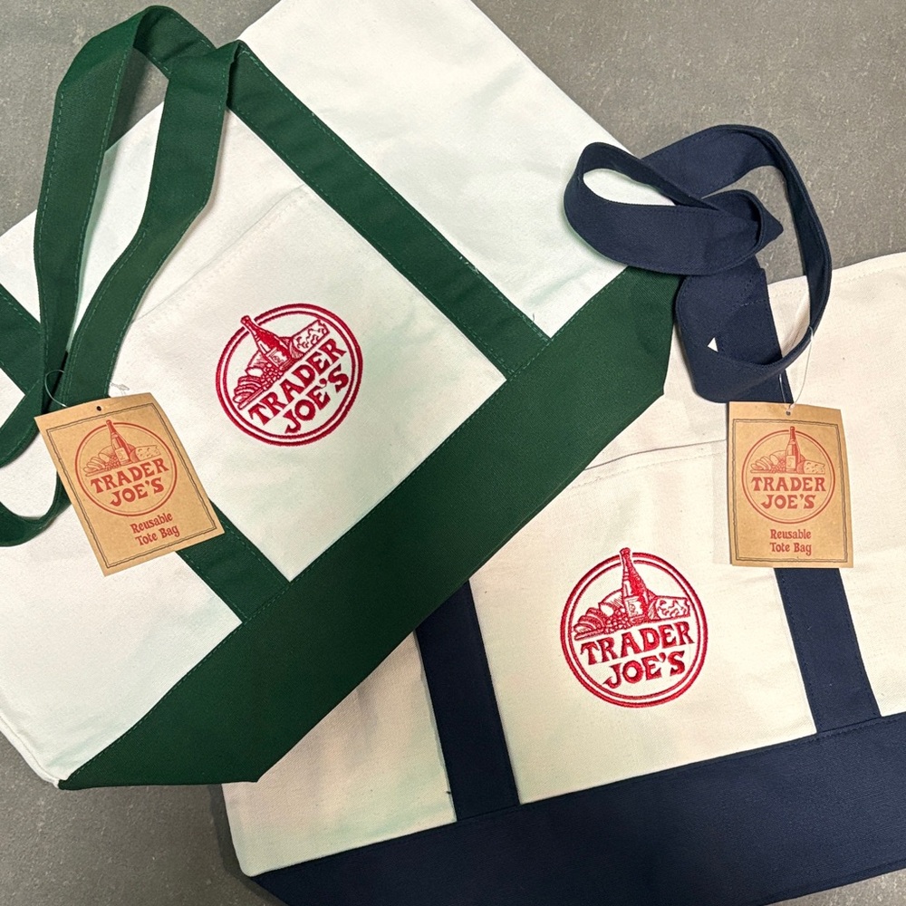Trader Joe's set of 2 LARGE Tote Bags - Green and Navy (one of each)